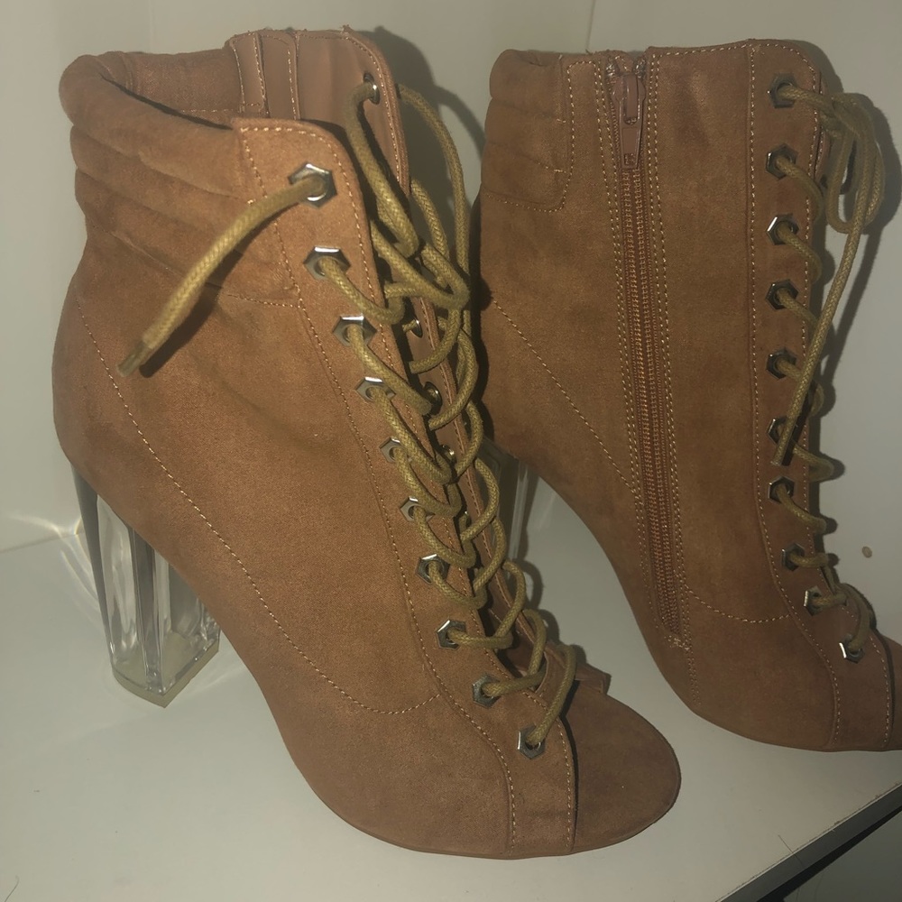 Open toe lace up boot heels